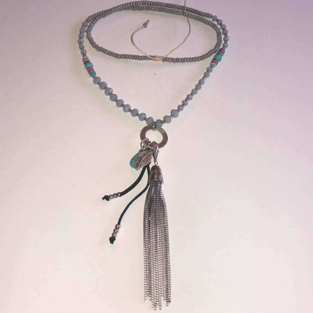 Elegant Blue Beaded Boho Necklace with Silver Tone Tassel